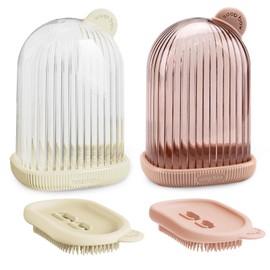 Roucerlin 2 Pack 2 in 1 Travel Soap Case with Brush & Lid, Leak-proof Bar Soap Holder Container for Traveling, Portable Soap Box Dish with Cover for Bathroom Shower Gym Camping (Beige & Pink)