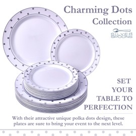 Silver Spoons Party 40 PC Dinner 20 Side Plates Disposable Dinnerware Set | Charming Dots Collection, Servings, White/Silver