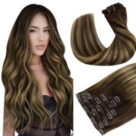 Hetto Human Hair Clip in Extensions Balayage Brown Clip in Extensions Real Human Hair 12 Inch Dark Brown Balayage Honey Blonde Clip in Hair Extensions Short Silky Straight 7pcs 95g