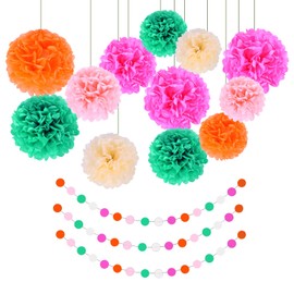 15 Pcs Floral Paper Decorations, Paper Pompom Decorations, Boho Style, Pastel Party Decorations for Wedding Decorations, Scene Setting (Orange, Pink, Green, White, Rose)