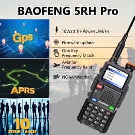 BAOFENG BF-5RH PRO GPS 10Ｗ Ham Handheld Radio, Multi-Band Long Range Two-Way Radio with 18.89'' Tactical Antenna, Aviation/VHF/UHF/ 1.25m Scanner, NOAA APRS 5RM Walkie Talkies Type-C Charging,2 Pack