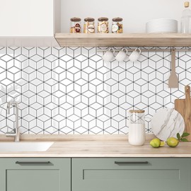 VEELIKE 3D Cube Hexagon Backsplash Tile Peel and Stick 12 Sheets White Wall Tiles Peel and Stick Waterproof Back Splash Stick on Tiles for Kitchen Bathroom Self Adhesive Ceramic Tile Sticker 12''x12''