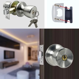 JO.KO Door Knob with Lock and Keyed, Satin Nickel Round Ball Lock Interior/Exterior Door Knob for Bedroom Or Bathroom (Stainless)