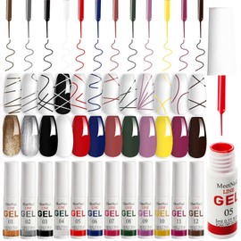 MEETNAIL Gel Liner Nail Art Set 12 Colors Gold Black Glitter with Thin Brush Soak Off UV/LED Gel Nail Polish Liner at Home Salon DIY Manicure Gift for Women