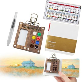 EliphonTowne 5 Pcs Travel Watercolour Palette Set - 8 Grids Travel Watercolour Paint Set, Portable Travel Painting Set, Lid Foldable Wooden Palette, Sketchbook Brush Watercolour for Painting Lovers