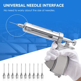 NEWTRY 50ML Continuous Livestock Syringe Semi Automatic Syringe Adjustable Poultry Gun Stainless Steel with 10 Needles for Horse Sheep Cattle