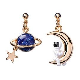 Asymmetric Cartoon 3D Astronaut Planet Crescent Moon Star Stud Earring Cute Creative Pentagram Spaceman Drop Dangle Earring for Women Celestial Jewelry Birthday Gift-A moon