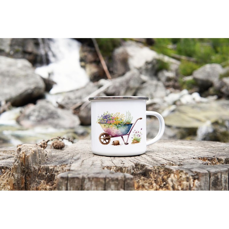 MAXIKIWI Langlebige Emaille-Kaffee- oder Tee-Camping-Tasse für drinnen und draußen, Frühlings-Schubkarre,