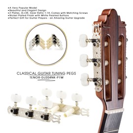DJ204NK-P1W TENOR Classical Guitar Tuners, Tuning Key Pegs/Machine Heads for Classical or Flamenco Guitar with Nickel Plated Finish and Pearl Colored Buttons.