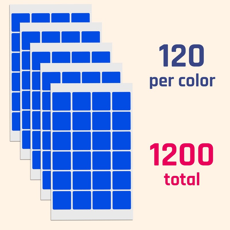 1200 Pack - 25mm Square Coloured Labels Stickers, 10 Colours