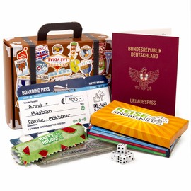 Travel gift for vouchers or money in mini cardboard case with a total of 7 accessories such as holiday pass with information, puzzle game