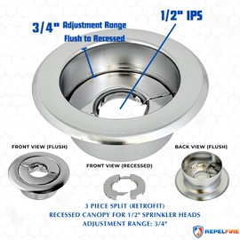 Retrofit Recessed Fire Sprinkler Escutcheon 1/2 in. IPS - Split 3 Piece in Chrome Plated - Depth Adjustment Range up to 3/4 in. for Fire Sprinkler Trim