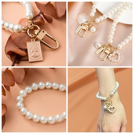Qubusm 3PCS Heart Shell Pearl Keychain Wristlet, Pearl bag charm Phone Charm, Cute Keychain Women for Backpack/Purse/Bag