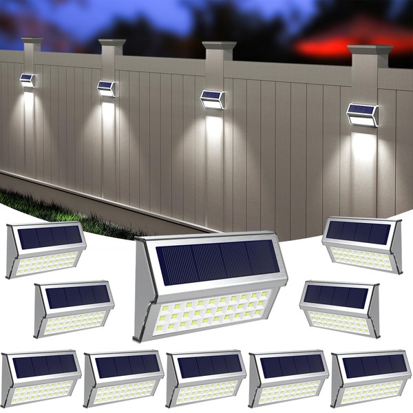 ROSHWEY Solar Outdoor Lights, 10 Pack 30 LED Fence Lights Waterproof Solar Powered Deck Post Lamps Stainless Steel Outside Step Lighting for Backyard Yard Walkway Stairs, Cool White Light