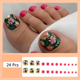 24Pcs Flower Press on Toenails Short Square Fake Toe Nails Press ons Pink Gold Glitter Floral Acrylic Toenails Rose Red Green Toe Press on Nails Summer False Toenails for Coquette Women