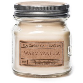 Eco Candle Co. Mason Jar Candle, Warm Vanilla, 8 oz. - Scents of Rich Vanilla - 100% Soy Wax, No Lead, Kraft Label & Antiqued Pewter Lid, Hand Poured, Phthalate Free, Made from Midwest Grown Soybeans