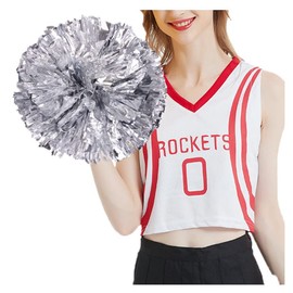 SHTGOI Pack of 2 Cheerleading Pompoms Metal Foil Cheerleading Pom Poms with Ring Cheerleader Hand Flowers Cheers Flower Ball for Sports Events Ball Games Dances Carnival Parties Silver