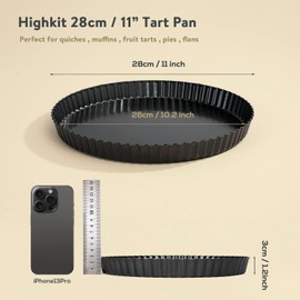 Highkit Quiche Pan 28cm / 11inch, Fluted Round Tart Tin, Flan Tins with Loose Base, Non-Stick, Tart Pan for Baking, Quiches, Flans, Quiche Tart Pan, Pie Pan, Quiche Dish,Carbon Steel,Dark Grey