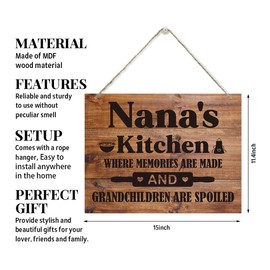 Hanging Wooden Kitchen Gifts, Grandma's Gift, Thanksgiving Gifts, Rustic Farmhouse Kitchen Decor Sign, Nana's Kitchen - Where Memories Are Made and Grandchildren are Spoiled Sign 15x11.4 Inches