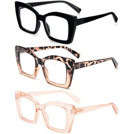 REAVEE 3 Pack Oversized Square Reading Glasses Oprah Style for Women, Blue Light Blocking Large Frame Computer Designer Fashion Readers with Spring Hinge (Black/Tortoise Tea/Tea,3.0)