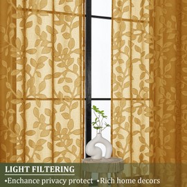 OVZME Gold Sheer Curtains 84 inches Long 2 Panels for Living Room, Jacquard Clip Leaf Pattern Textured Light Filtering Window Semi Sheer Voile Drapes for Bedroom, Each Panel 42 x 84 Inch