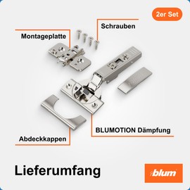 Blum Clip Top Blumotion Straight Furniture Hinge with Spring, 110°, Corner Stop plus Blum Clip Eccentric Cross Mounting Plate, Steel, Screw Variant, 0 mm Distance, 35 mm Diameter, Pack of 2