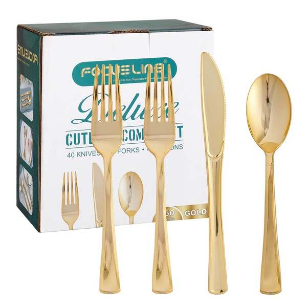 FOCUSLINE 160 Pack Gold Plastic Silverware Set, including 80 Gold Forks, 40 Gold Knives, 40 Gold Spoons, Disposable Flatware Heavy Duty Plastic Cutlery Set for Weddings, Catering, Parties, Dinners