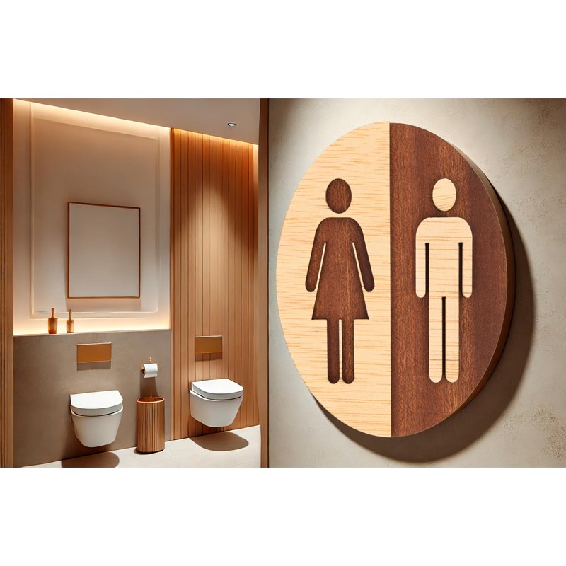 Becral - Bathroom Sign Unisex Natural Wood - 12 cm