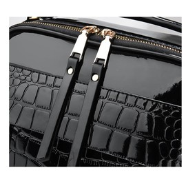 Patent Leather Handbag Multi Pockets Top-handle Satchels Stone Pattern Shoulder Bags All Around Zipper Crossbody Purse, Black