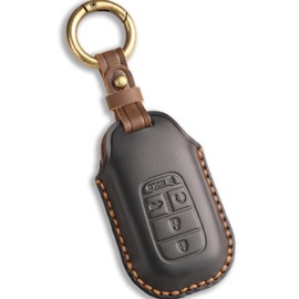 Leather Key Fob Cover for Honda 2022 2023 2024 2025 Civic Accord CR-V, 5-Button, Black Key Case with Keyring