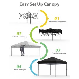 10x10 Pop Up Canopy with Removable 4 Sidewalls - Easy Up Camping Tent with One Button Push Setup - 1 Roller Bag, 3 Adjustable Height, 4 Weight Bags for Deck, Garden, Sports, Beach, Party - Black