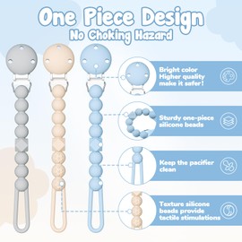 TYRY.HU 3 Pack Silicone Pacifier Holder Clip with One Piece Beads for Boys and Girls, Soft Flexible Pacifier Clip, Rust-Free Binky Clips with Texture, Keeps Pacifier Clean, Fits Most Pacifiers(Blue)