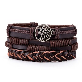 Leather Bracelet for Men Black Brown Stack Tree Of Life Bracelets Charms Cuff Stackable Braided Good Luck Cool Boyfriend Boys Gift Jewelry (Brown)