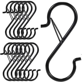 12PCS S-Shaped Hooks for Hanging, 3.5-Inch Heavy Duty S-Shaped Hooks with Safety Claps, Hanging Flowers, Clothes, Kitchen Utensils, Flower Pots, Bags, Towels (Black)