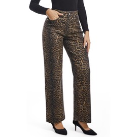 ETTELO Women's Jeans Straight Leg Casual High Waisted Stretch Trendy Leopard Pull On Jeans for Women