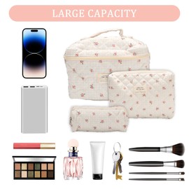 Yallmie 3 Piece Quilted Makeup Bag, Cute Floral Cotton Cosmetic Bag Set, Travel Cosmetic Bags Floral Travel Toiletry Bag Huge Toiletry Case, Women's Skin Care Bag (03)