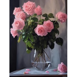 PUAGEMTI Flowers Diamond Painting, Pink Roses Diamond Painting Kits, Flowers in Vase Diamond Art for Adults, for Wall Decor Room Decor 12x16 inch