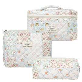 Wellehomi Floral Makeup Bag, Travel Makeup Bags Quilted Large Make Up Bag Cosmetic Bag Cotton Travel Skincare Bag for Women Girls (Yellow Floral)