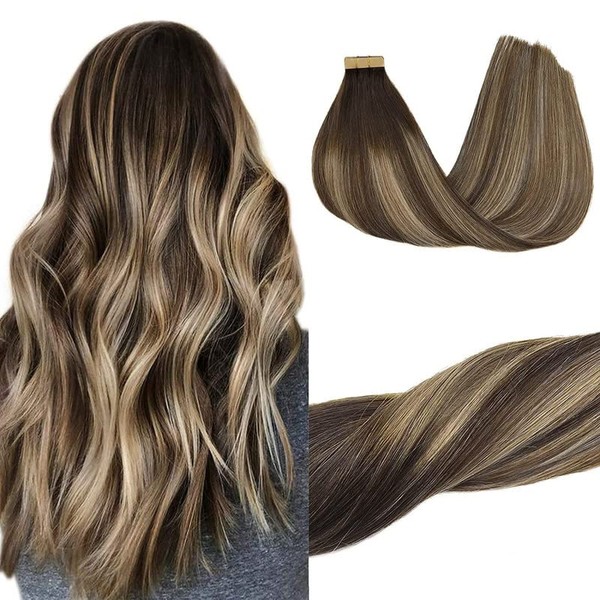 GOO GOO Balayage Chocolate Brown to Honey Blonde 16 Inch 50g 20pcs Human Hair Straight Real Hair Tape in Remy Hair Extensions