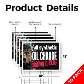 Full Synthetic Oil Change Yard Sign 10 Pack of 12 Inch x 16 Inch Double Sided Weatherproof Heavy-Duty Plastic with Stake | Professional Auto Service, Reliable Mechanics | Made in USA