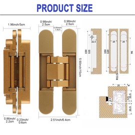 LOPYXBR 2 PCS 6 Inch Hidden Door Hinge Heavy Duty Invisible Hinges Gold Concealed Door Hinge 180 Degree 3-Way Adjustable Butt Hinge, 88 Lb Load Capacity(6 x 2.5 x 1)