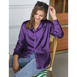 Chigant Women's Shirts Casual Satin Slik Blouse V-Neck Button Down Business Blouse Top (Purple,XX-Large)