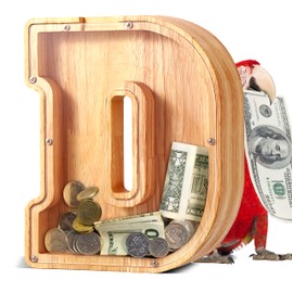 UBeesize Cute Money Box for Boys and Girls,Unbreakable Wood Coin Bank,Twenty-Six English Alphabet Letter Piggy Banks,Gifts for Birthday, Christmas, Festival, Baby Shower(D)