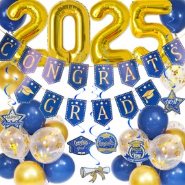 Graduation Decorations 2025, Blue and Gold Class of 2025 Decorations with Congrats Grad Banner and Hanging Swirls, 2025 Foil Number Balloons for Graduation Party