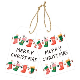 joycraft 50Pcs Christmas Gift Tags, 3.3x2.1 inch Merry Christmas Paper Tags, Christmas Stocking Gift Tags, Large Xmas Gift Wrapping Tags, Winter Holiday Tags for DIY Craft, Bags, Xmas Party