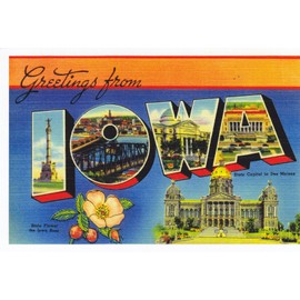 STATES2IOW - IOWA - Capital : DES MOINES, [Reprint vintage Large Letter name postcard (ca. 1930's-1940's) State Bird: Easter Goldfinch, Population: 3,107,126 - A U.S. State POSTCARD .. from Hibiscus Express