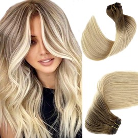 Ombre Sew in Hair Extensions Real Human Hair Ash Brown to White Platinum Blonde Hand Tied Weft Hair Extensions Human Hair 16 Inch 100G Full Head One Piece Remy Wefts Weave Bundles for White Women