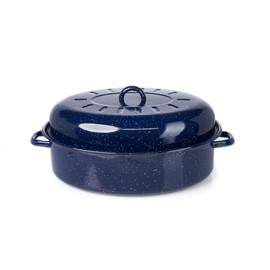 IMUSA USA 18" Traditional Vintage Style Blue Speckled Enamel on Steel Covered Oval Roaster
