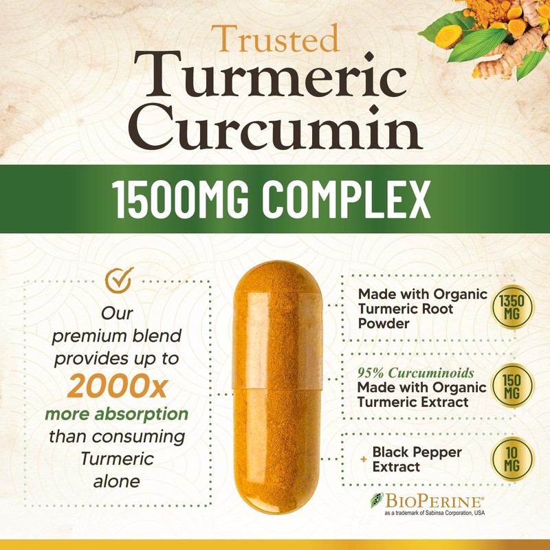 Turmeric Curcumin Supplement 1500mg - Organic Tumeric & BioPerine Black