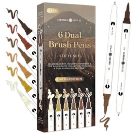 LEBENSKOMPASS® Brush Pen Set Earth - 6 Brush Pens in Warm Brown Tones - Brush Pens for Hand Lettering, Colouring & Bullet Journal - Dual Tip Pens with Fine & Flexible Tip